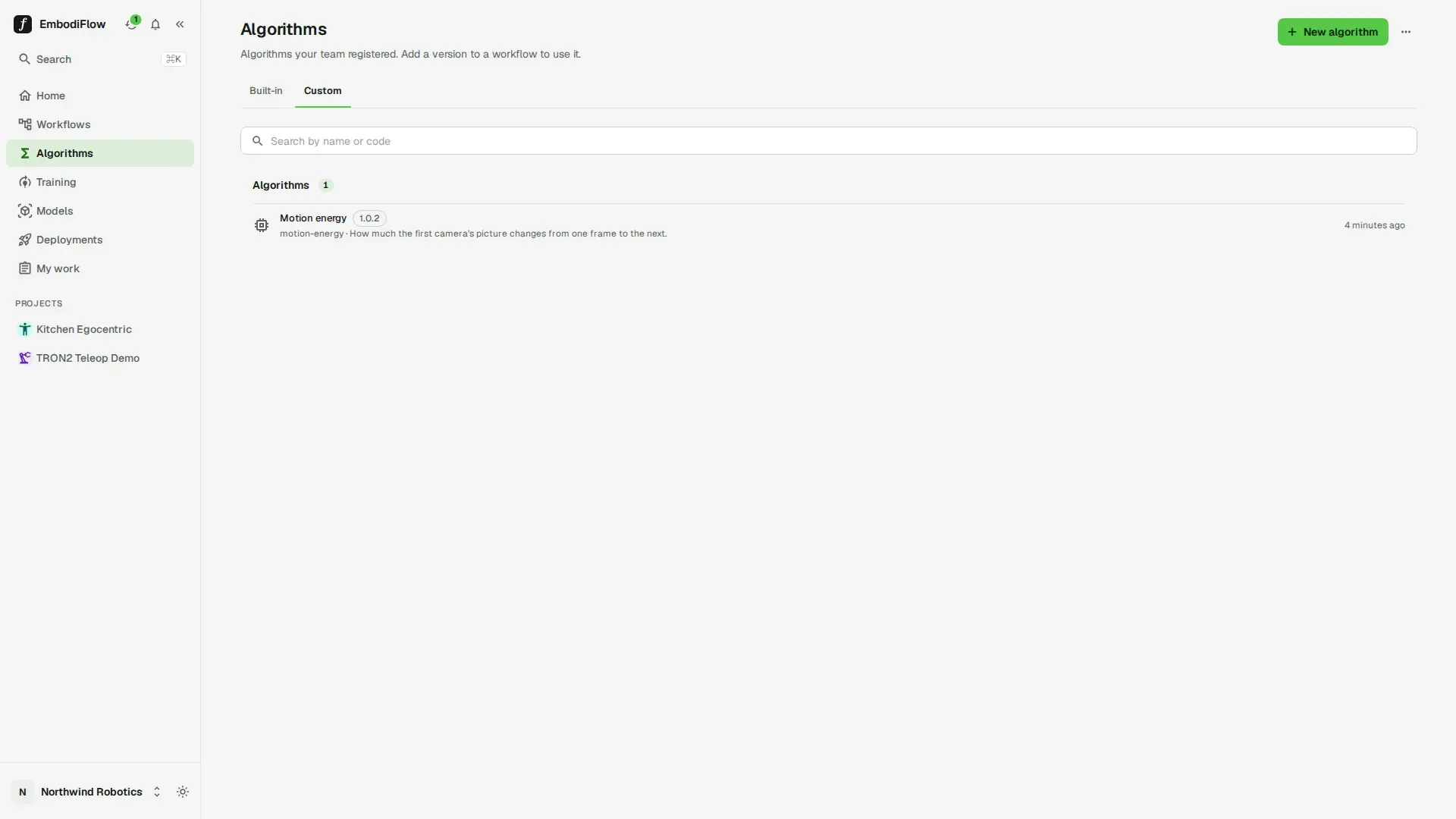 Custom tab listing the team algorithm Motion energy at version 1.0.2, with the New algorithm button at the top right