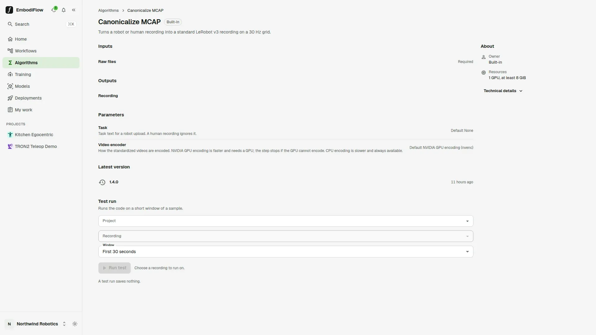 Canonicalize MCAP detail page with its Raw files input, Recording output, parameters and Latest version 1.4.0