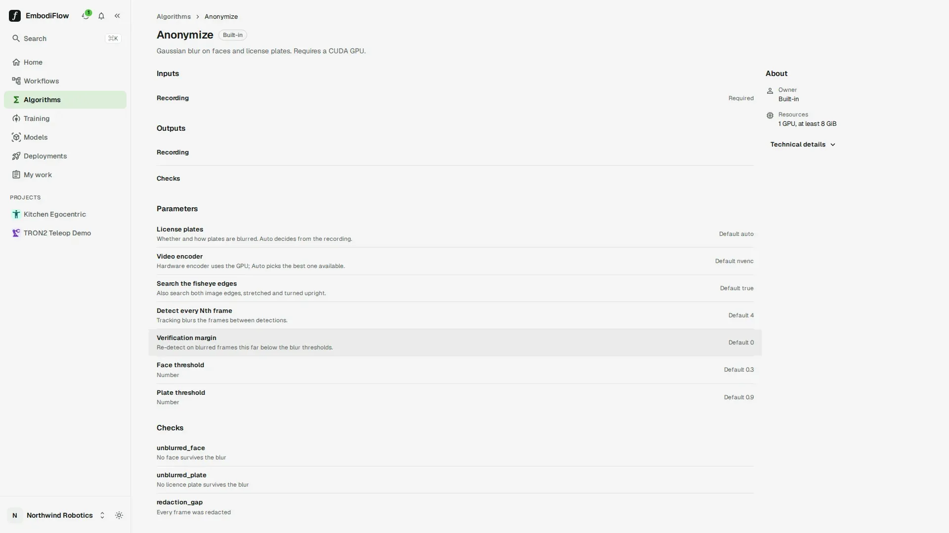 Anonymize detail page with its inputs, outputs, parameters with defaults and the checks it writes