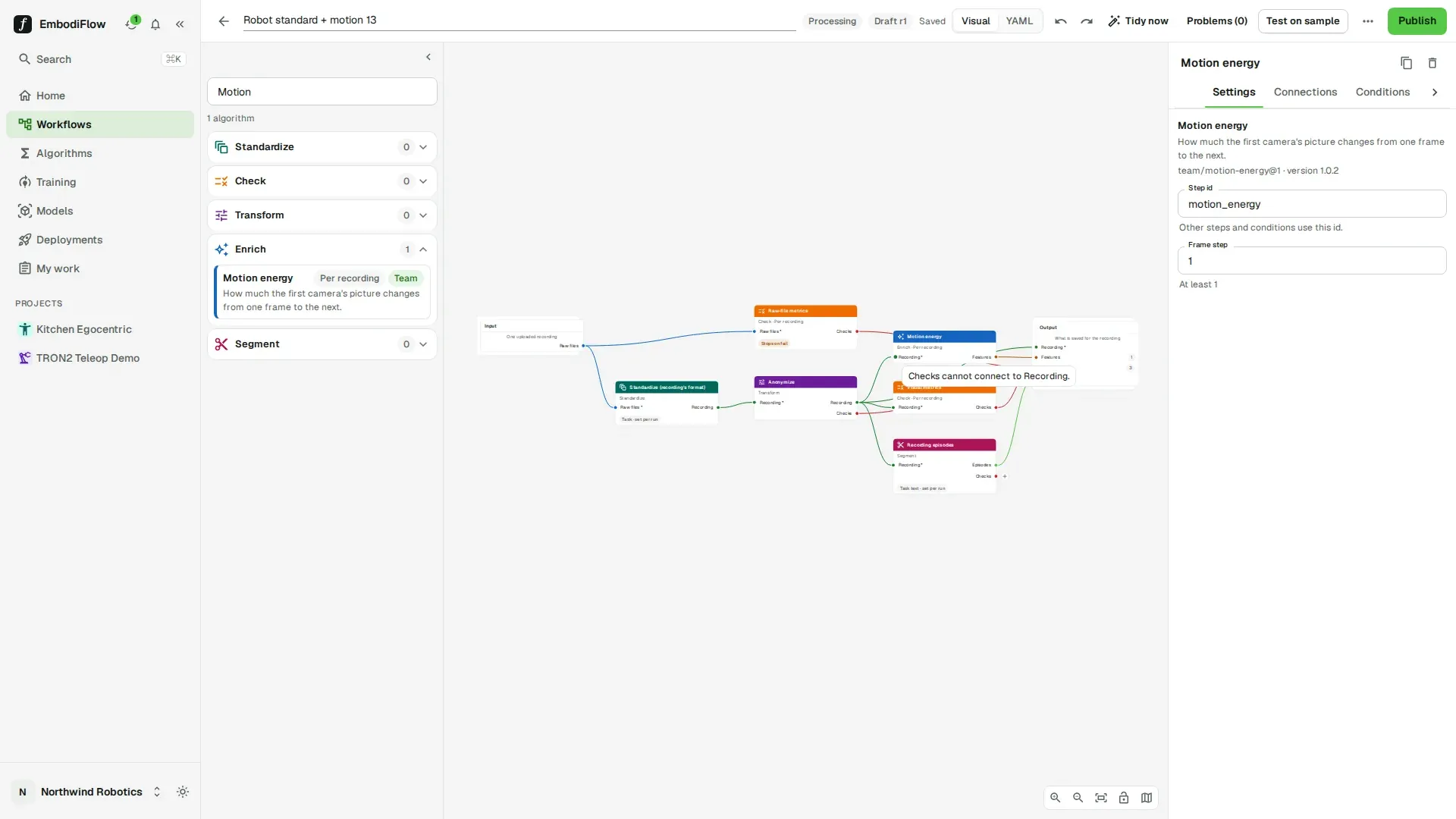 Canvas showing the message Checks cannot connect to Recording next to the Motion energy step