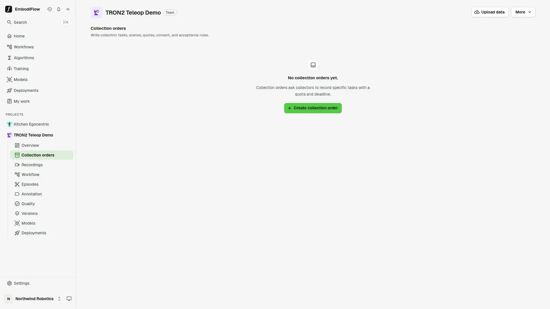 The Collection orders page of a project with no orders yet: the message No collection orders yet and the green Create collection order button
