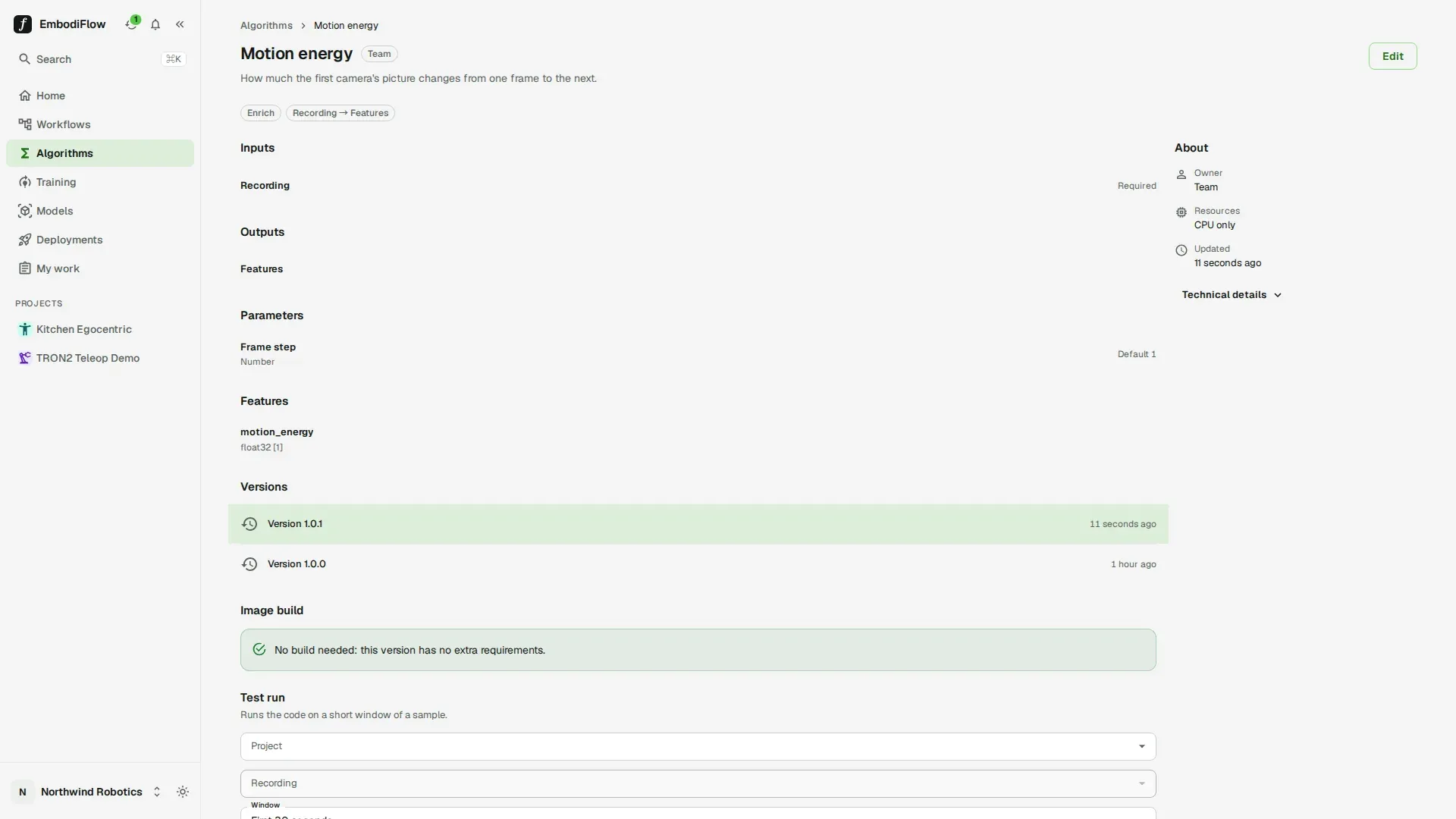 Team algorithm Motion energy detail page with its input, output, Frame step parameter, feature and two versions