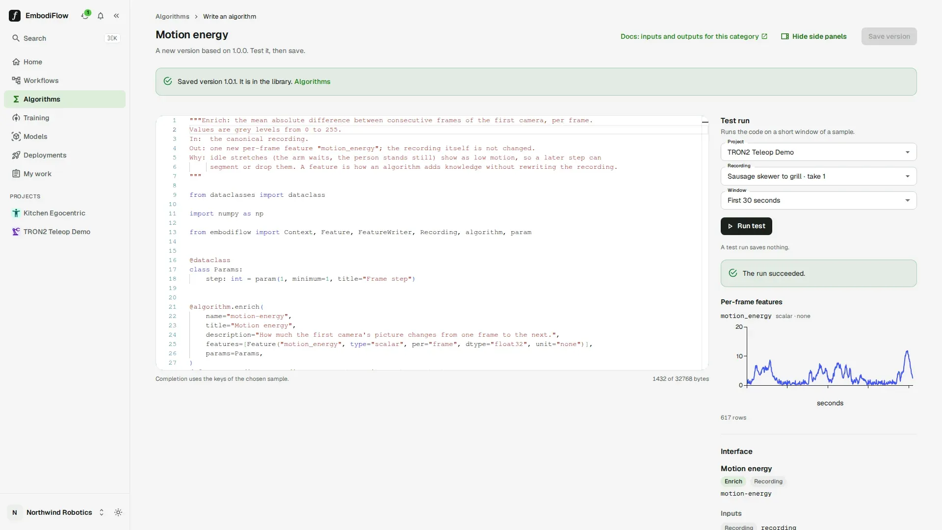 Editor showing the message Saved version 1.0.1 It is in the library, above the code and the successful test