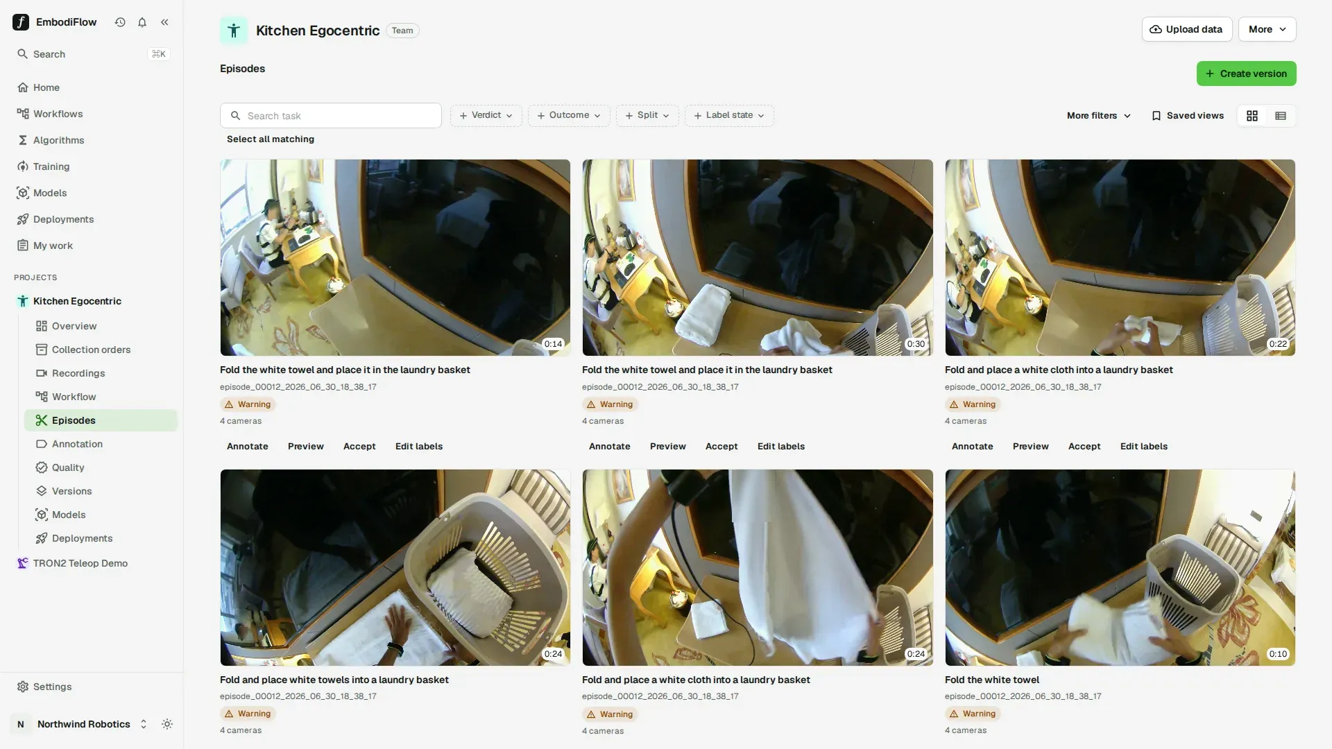 Episodes grid of a human project: video thumbnails with task descriptions, Warning quality chips, and filters along the top