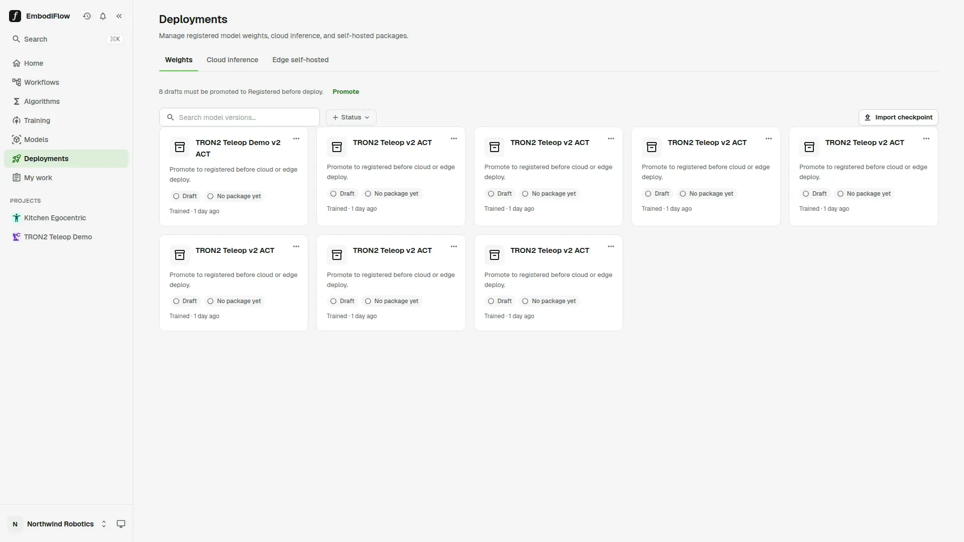 The Weights tab of the team Deployments page, next to the Cloud inference and Edge self-hosted tabs: a line saying 8 drafts must be promoted to Registered before deploy with a Promote link, an Import checkpoint button, and cards for draft model versions that show No package yet
