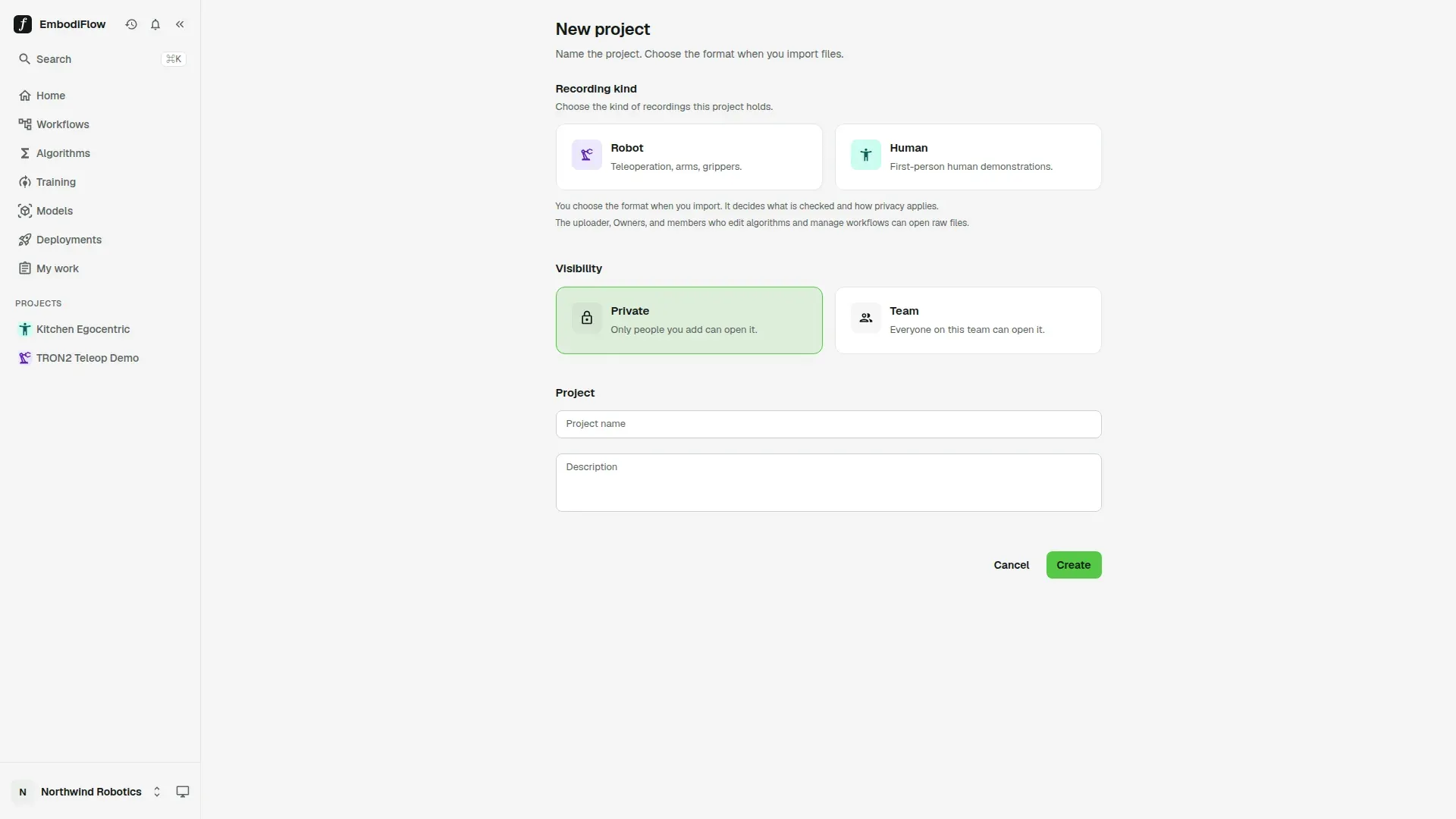 The New project page with two Recording kind cards, Robot and Human, two Visibility cards, Private (selected) and Team, the Project name and Description fields, and the Cancel and Create buttons