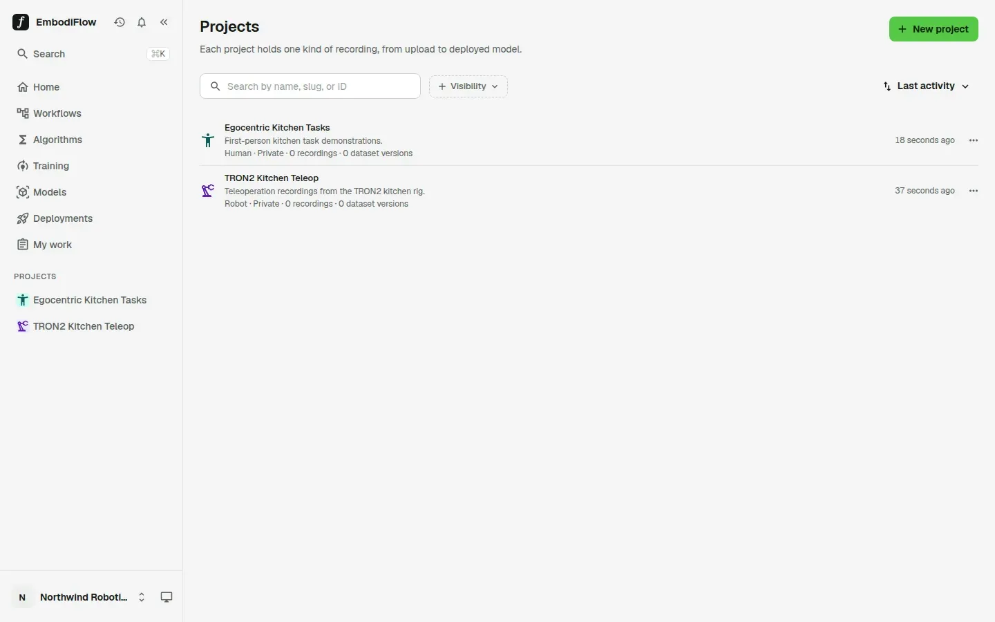 Projects page with the search box, the Visibility filter, the Last activity sort, the New project button at the top right and two projects: one human, one robot