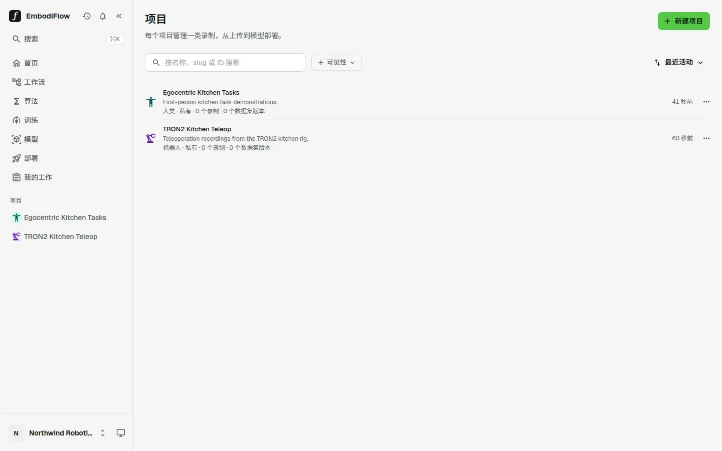 项目页：顶部有搜索框、可见性筛选、最近活动排序，右上角是新建项目按钮，列表中有一个人类项目和一个机器人项目
