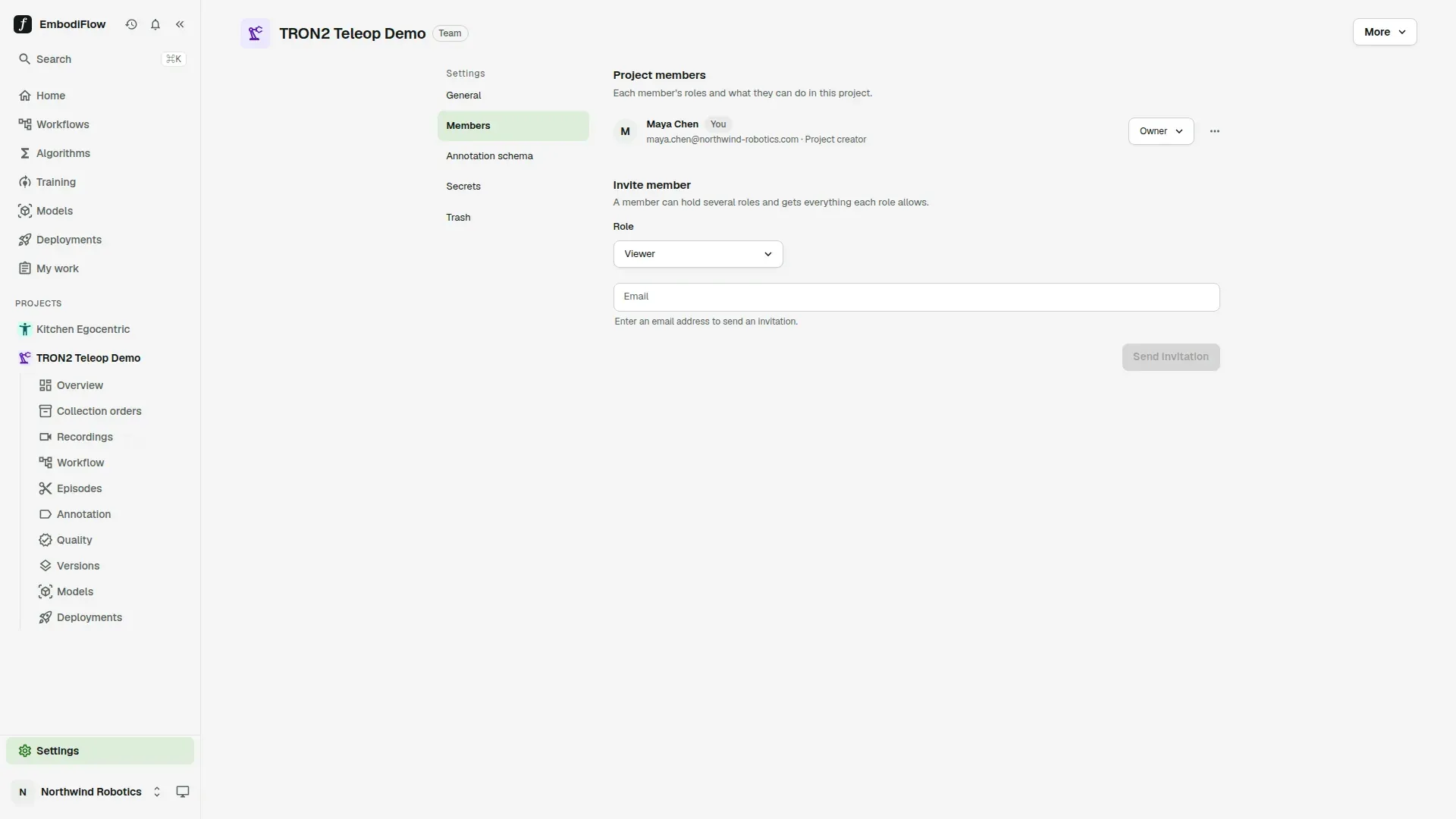 The Members section of project settings: Project members with one member, Maya Chen, marked You and holding the Owner role, and below it the Invite member form with a Role menu set to Viewer, an Email field and a Send invitation button