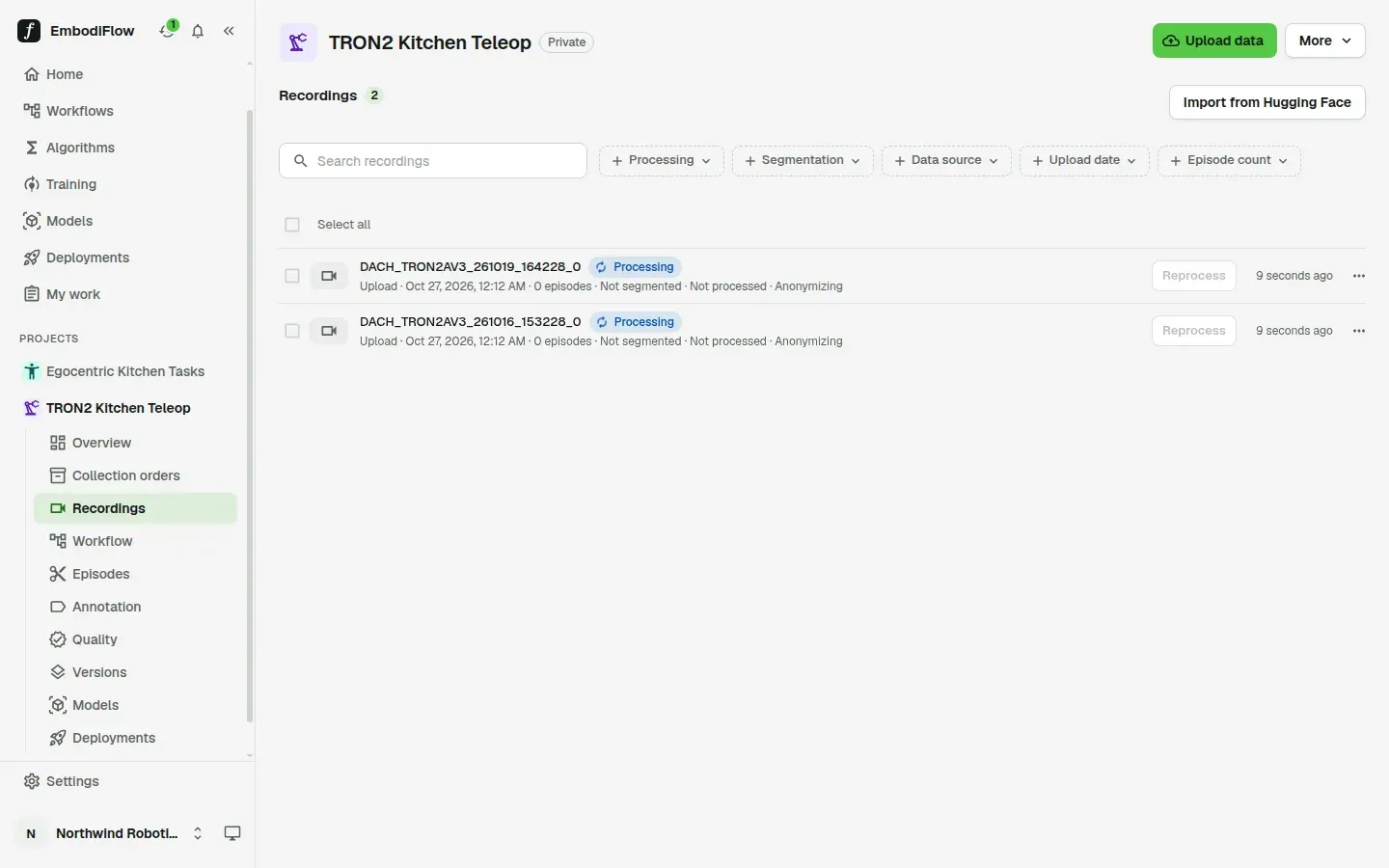 Recordings list with search and filters, two recordings that are Processing and Anonymizing, a Reprocess button and a more actions menu on each row