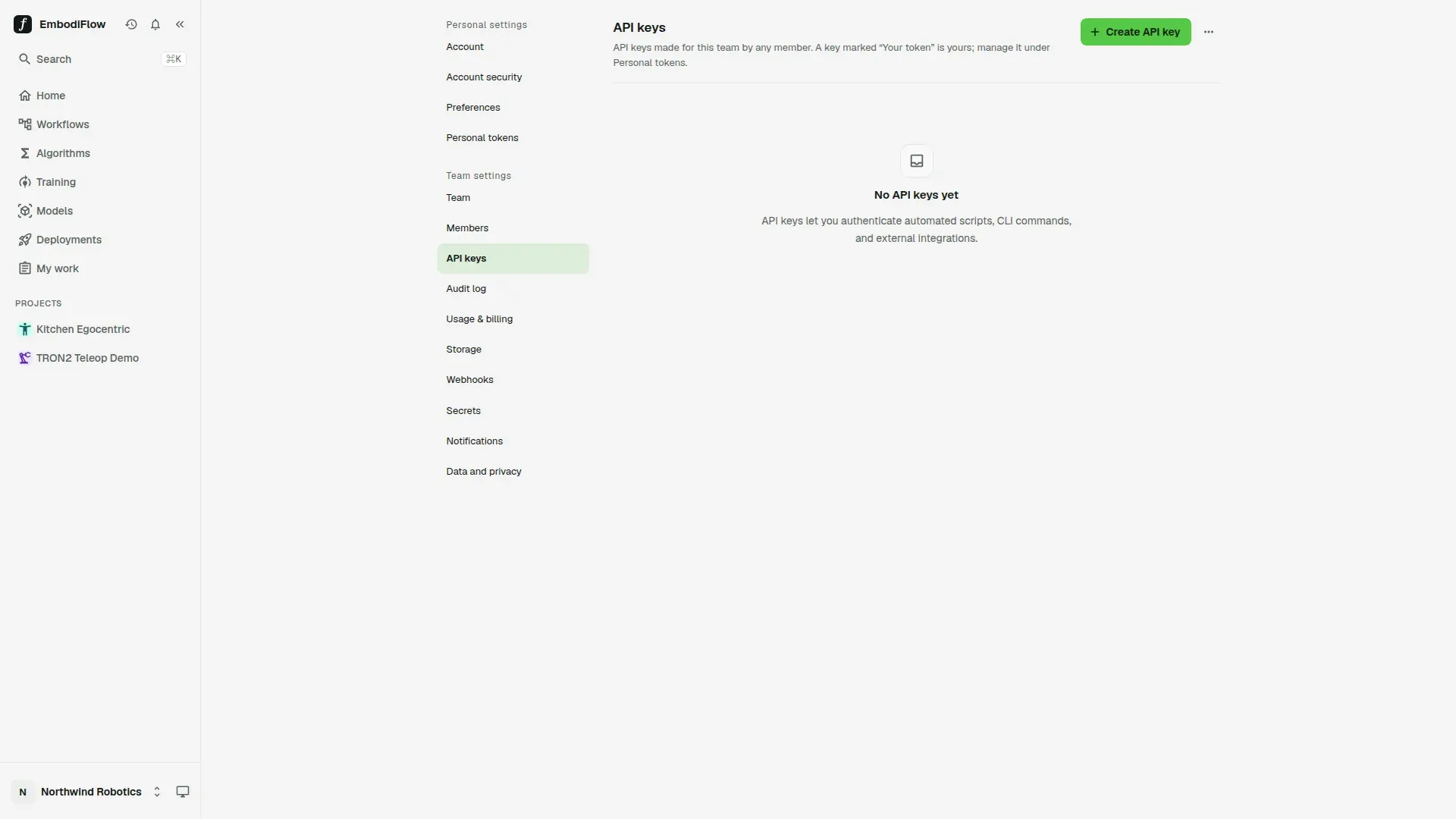 The API keys page in team settings, empty, with the message No API keys yet and the Create API key button at the top right