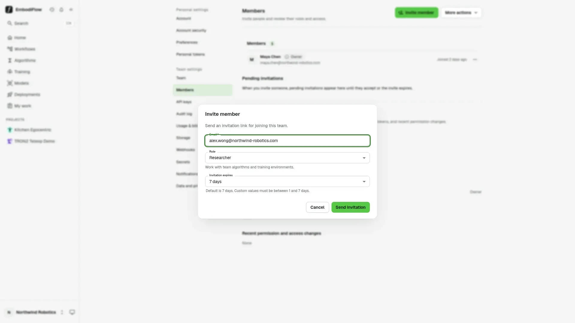 The Invite member dialog with the Email field filled in, the Role set to Researcher, Invitation expires set to 7 days, and the Cancel and Send invitation buttons