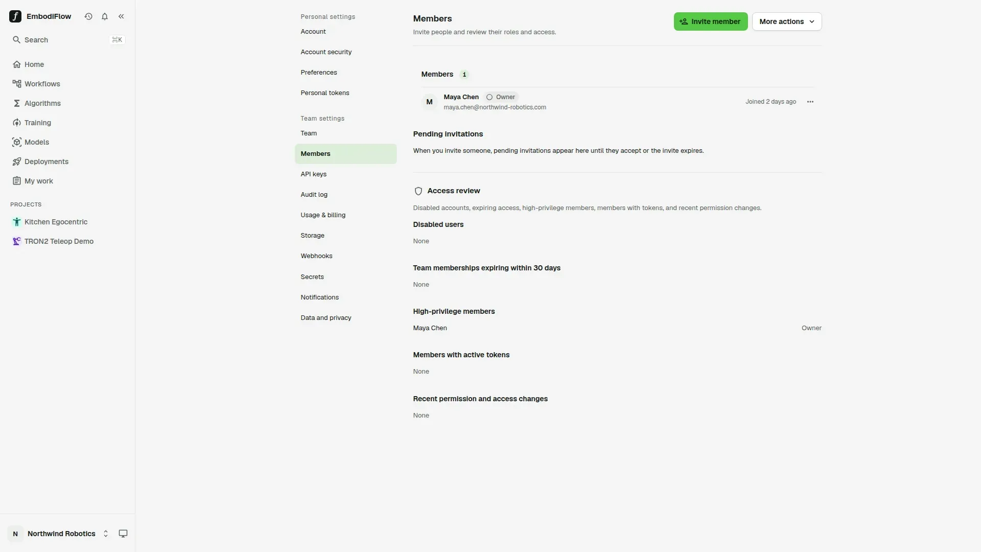 The Members page in team settings with the Invite member button at the top right, the member list showing one Owner, the Pending invitations section and the Access review section
