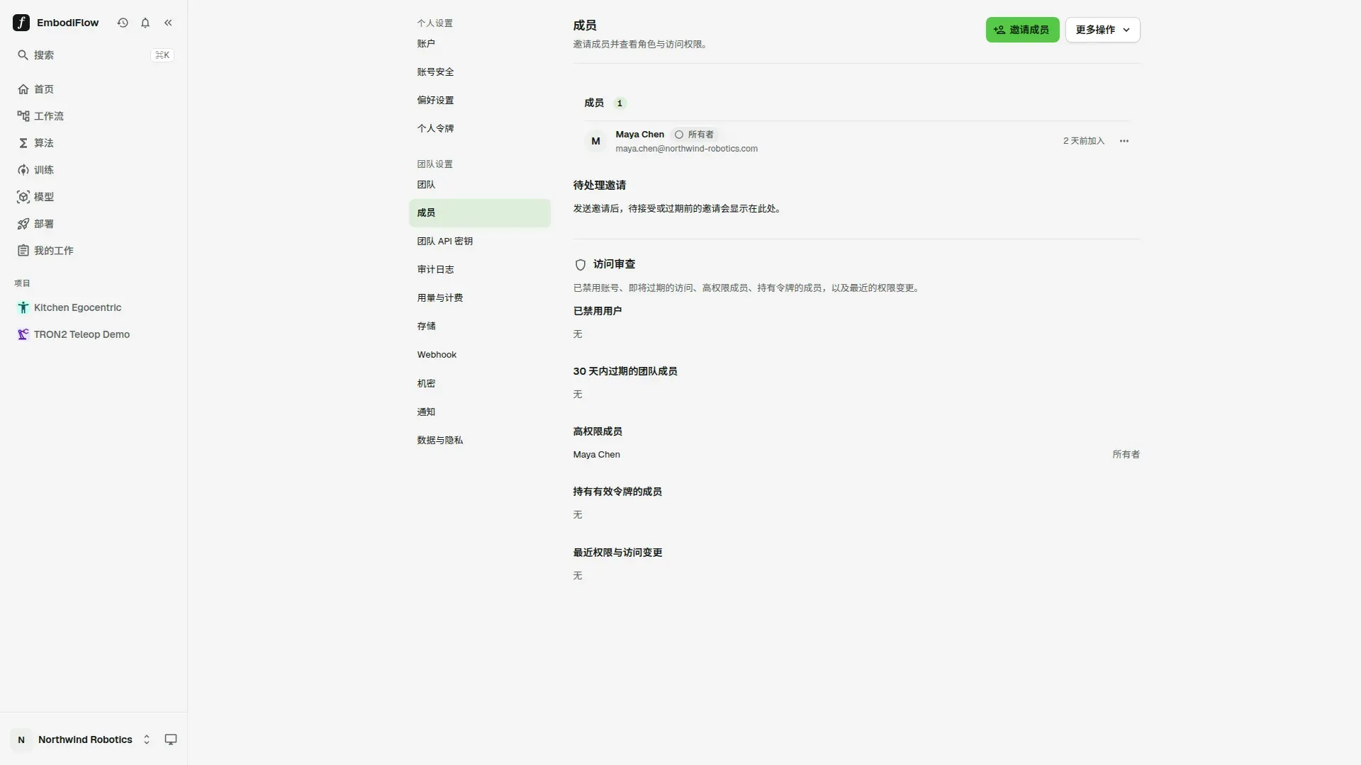 团队设置里的「成员」页：右上角是「邀请成员」按钮，列表里有一位所有者，下方是「待处理邀请」和「访问审查」