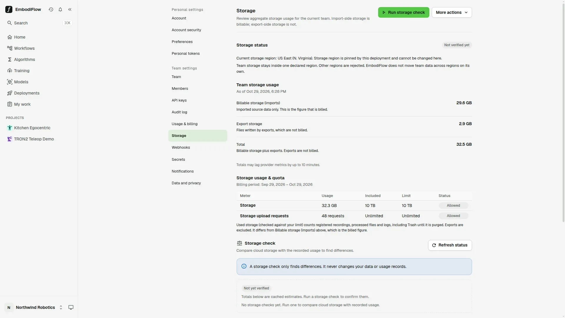 The Storage page in team settings with the storage status, team storage usage split into billable storage and export storage, the Storage usage and quota table, and the Storage check section with a Refresh status button