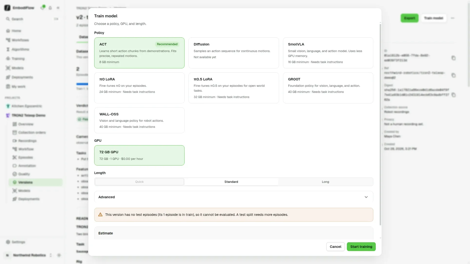 The Train model dialog with policy cards, ACT selected and marked Recommended, a 72 GB GPU card, the Length options and the Start training button