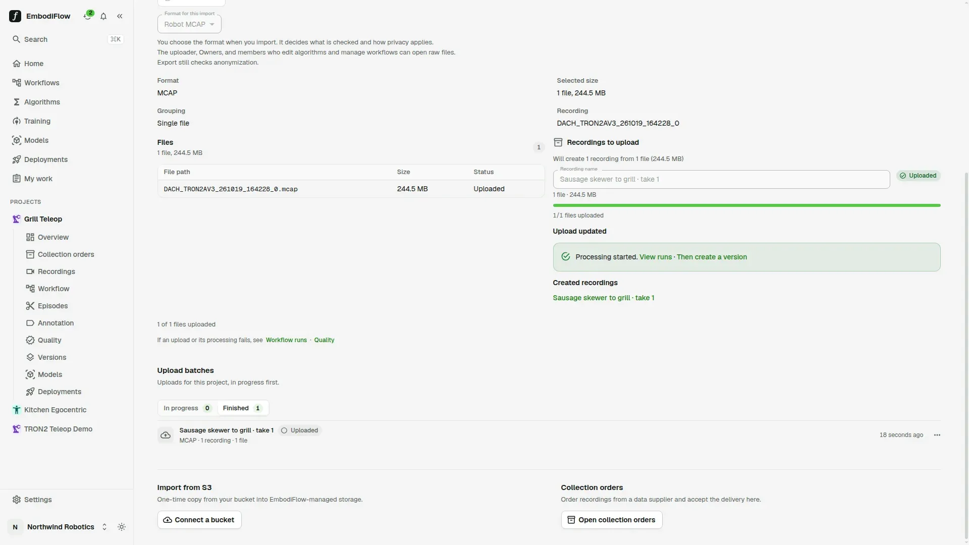 Upload finished: the file is Uploaded, the green Processing started notice with View runs, and the created recording link