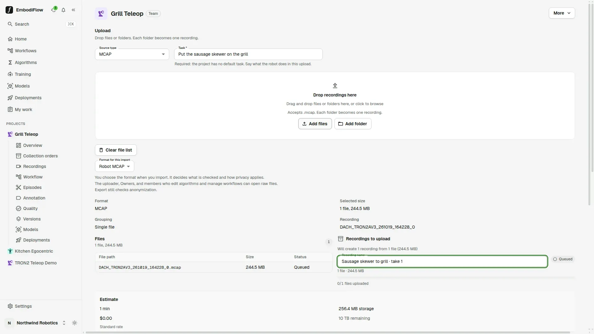 Upload page with the task filled in, one MCAP file waiting in the file list, and the recording it will create shown on the right