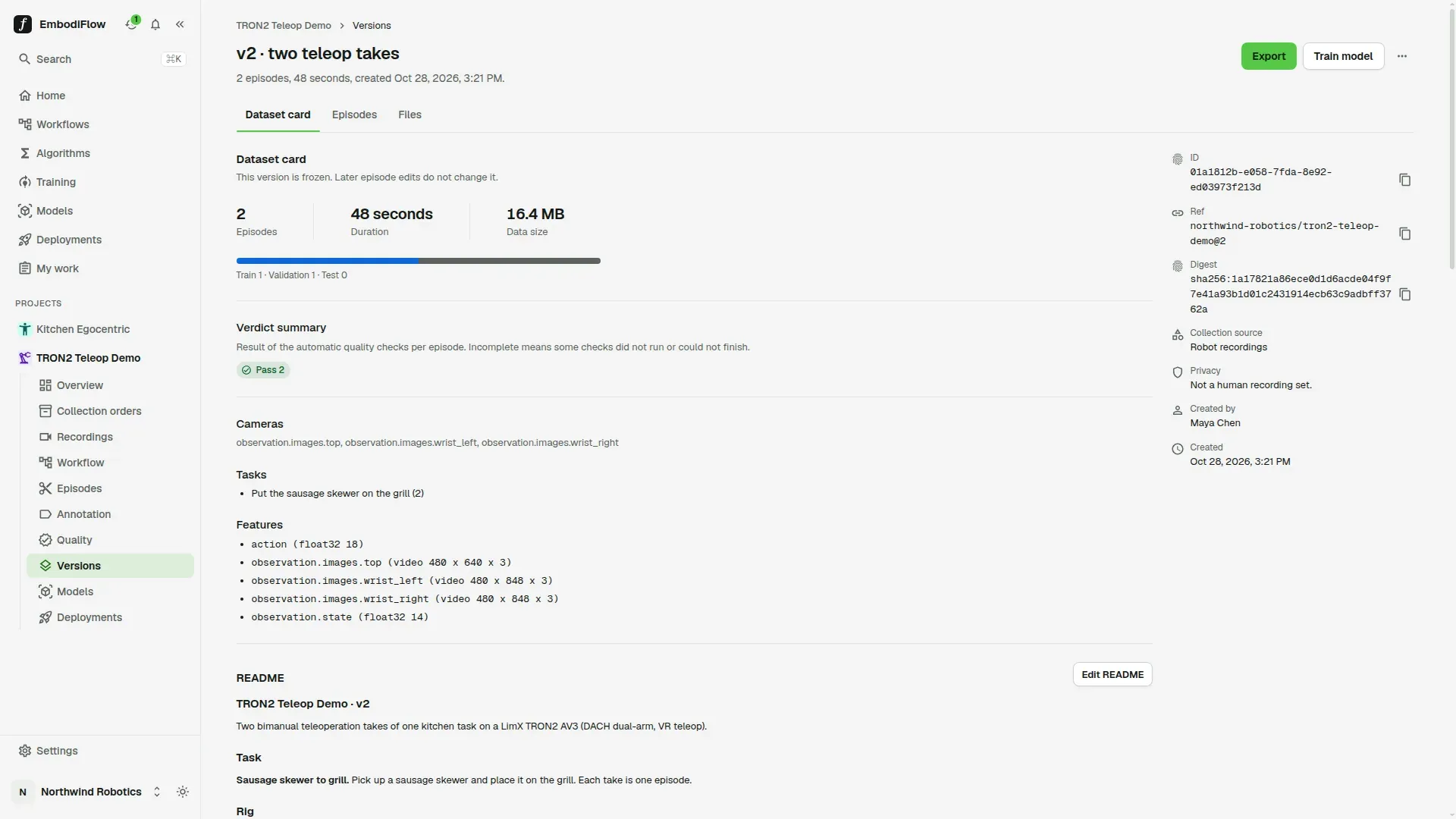 Dataset card of version 2 with 2 episodes, 48 seconds and 16.4 MB, a Pass 2 verdict summary, cameras, tasks and features, and the ID, Ref and Digest on the right