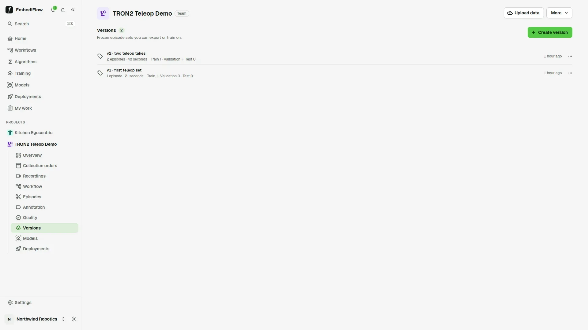 Versions page with two dataset versions, each showing its episode count, duration and train, validation and test split
