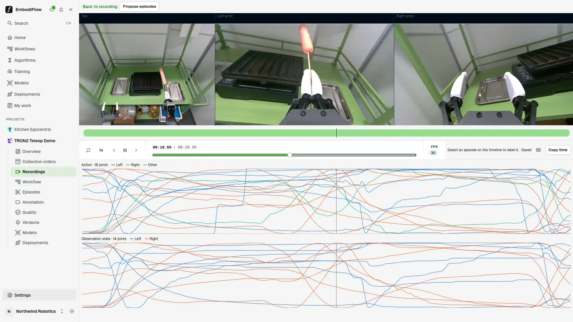 Studio playing a robot recording: three camera views, the timeline and transport controls, and the action and observation state curves below